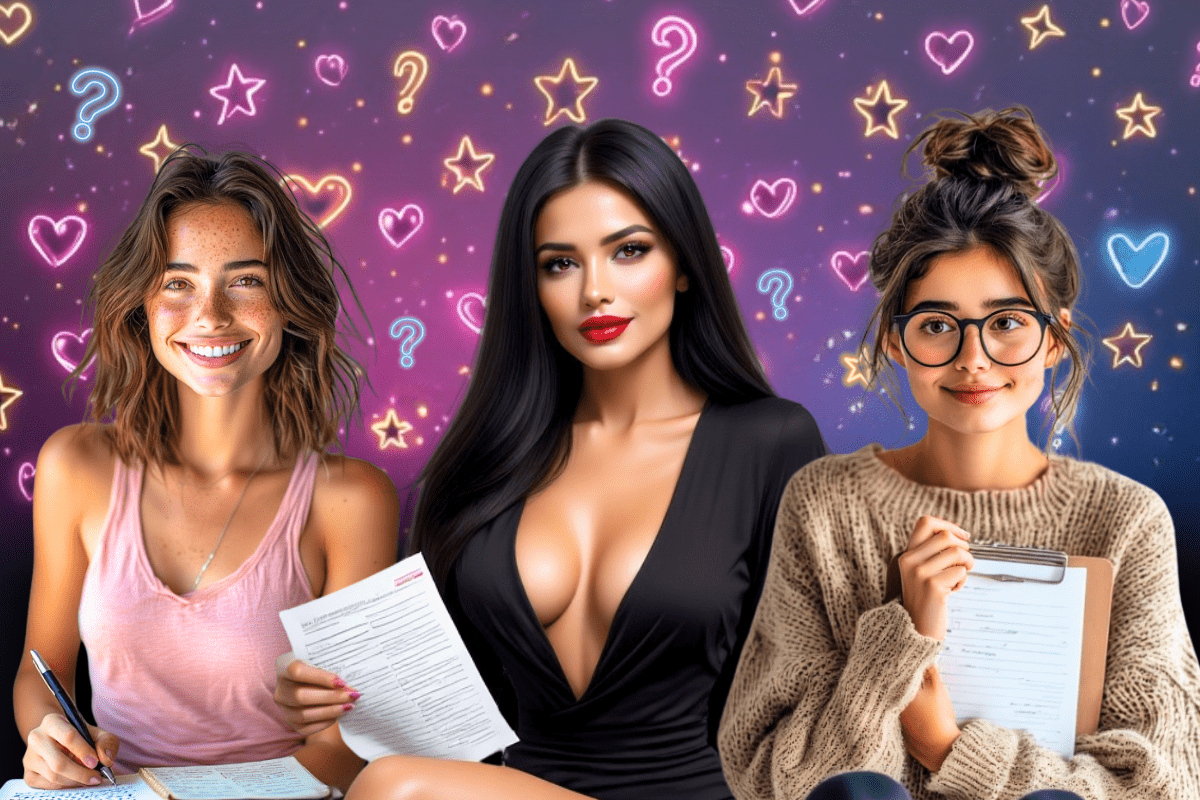 Three AI-generated women side by side representing different personality types for an AI Girlfriend Personality Quiz — a cheerful girl-next-door, a sultry femme-fatale, and a shy artsy type, posed in front of a glowing gradient background with neon hearts, stars, and question marks